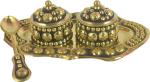 Real Craft Black and Gold Haldi Kumkum with Plate Spoon Decorative Showpiece Brass Sindoor Box (6 cm) pack of 2