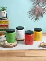 Storehaus Season 4 Color Storage Jar - Metalic Lid, 590 mL (Set of 4), Premium Color Coated & Printed Round shape container, Jar, Lead free Glass, Food Grade Glass, Truly Air Tight, Red+White+Yellow+Green colour jars