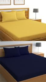 VORDVIGO Combo Pack of Premium Cotton Feel Satin Stripes/Lining Plain Bedsheets for Double Bed 300 TC 2 Bedsheets with 4 Pillow Covers (90*90 Inches) for Home and Hotels (Color- Yellow & Blue)