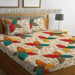 CHOCO CREATION 210 TC Cotton Double Floral Fitted (Elastic) Bedsheet (Pack of 1, Beige Flower Print)