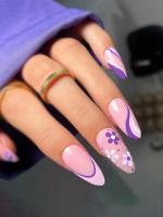 Secret Lives Premium Glossy Reusable Artificial Light Pink Color with white & purple Flower and Stripes Fake False Press on Nails 24 pieces Set with