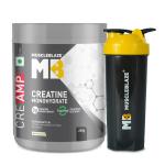 MuscleBlaze Creatine Monohydrate CreAMP with CreAbsorb, Trustified Certified (250 g, Unflavoured, 80 Servings) with Shaker, 650ml (Combo Pack)