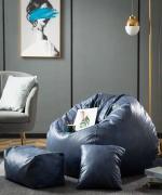 GIGLICK XXL Premium Imported Leather Bean Bag with Footrest and Cushion | Ready To Use Teardrop Bean Bag With Bean Filling (Black, Blue)
