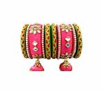 Aashirwad Traders Handmade Multicolor Shine Silk Thread and Plastic Bangles with Hangings (Women) - 2.4 (set of 10)