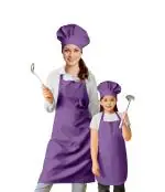 Oasis Cotton Solid Adult and Kid Apron With Matching Chef Cap - Purple - 2 Apron & 2 Chef Cap