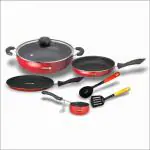 MACclite Non Stick Aluminum Cookware set of 7pc Induction Bottom(Dosa Tawa 25cm,Kadai 2.5L,Fry Pan1.7 L, Glass lid 24cm,Tadka pan 11cm Diameter 2pc Nylon spoons) 2in1 Induction & Lpg Stove Compatible