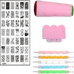 Royalkart Nail Art Stamping Jumbo Image Plate D.I.Y With Double-Sided Stamper, Metal Scraper, 5pcs Double-Sided Dotting Tool