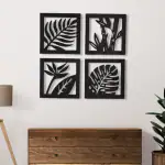 Wooden 4 Pieces Square Tree Leaf Wall Art Panel Frame for Wall Decor in Black Color and Big Size
