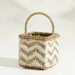Sirohi White, Gold Cotton and Upcycled Plastic Rope Decorative Gift Basket with Handle (16 x 16 x 25 cm)