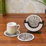 Webelkart Premium Coaster Natural Printed Handmade Round Wooden Tea Coasters with Stand Tea/Coffee Coasters Wooden Tea Coasters (Designs-2)