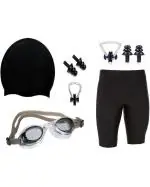 The Morning Play Black Polyester, Silicon Swimming Costume, Goggles, Cap, 2 Earplug Swimming Kit