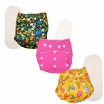 Deedry Oeko-Tex Certified Washable & Reusable Diapers with Adjustable Snap Buttons (One Size Perfect Fit), comes with Absorbent Inserts/Pads- (3Months- 3Years) (1 Pink + 2 Print Diaper)