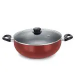 Prestige Omega Deluxe Aluminium Non-Stick Round Base Deep Kadai with Glass Lid 24cm (Red)