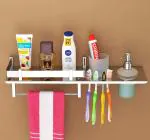 Stainless Steel 4 in 1 Multipurpose Bathroom Shelf,Liquid Soap Dispenser,Toothbrush Holder,Tumbler Holder(18*5 Inch - Silver-Pack of1)