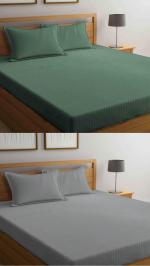 N G Products Combo Pack of 2 Beautiful Stripe Patterns & Fitted Bedsheets All Around Elastic for Double Bed with 4 Pillow Covers Sets (Size:-72x78+8 inch), Color- Green & Grey