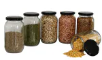 RTWARE Round Glass Jar for Kitchen Storage with Airtight Black Cap 1 kg (Set of 6)