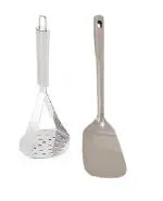 Stainless Steel Big Potato Masher With Stainless Steel Palta Spoons and Multicolour, Pack of 2
