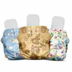 Mother Sparsh Nappers Free Size Cloth Diaper for Babies | Washable & Reusable | with 1200+ GSM Dry Feel Absorbent Soaker Pad | Pack of 3 (Teddy, Doodle, Spring)