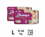Champs baby diaper high absorbent baby pant diapers - Large (34 Pcs) (Pack of 2)