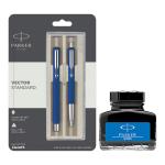 Parker Vector Standard Sets Fountain Pen + Ball Pen - Blue + Quink Ink Bottle - Blue (30ML)