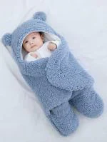 Pandaoriginals Blue Cotton Sherpa Solid Single Hooded Baby Blanket for AC Room, 80 x 70 cm
