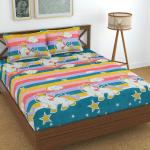 VORDVIGO 180 TC Kids Printed Glace Cotton Double Bed Bedsheet with two Pillow covers_Size-90*90 inch (Unicorn Design)