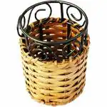 AKWAY Round Wooden Cutlery Holder | Cane Bamboo Cutlery Holder | Multipurpose | Spoon Stand | 3 L x 3 W x 4 H inches