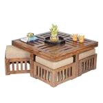 BHAWANI CRAFT Mahogany Elegance: Transform Your Living Room with a Rectangle Sheesham Wood Coffee Table and 4 Stools, a Perfect Blend of Style and Functionality!