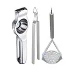JISUN Stainless Steel Lemon Squeezer & Chimta & Potato Masher for Kitchen Tool Set