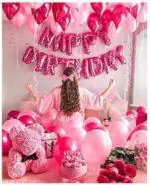 PARTY MIDLINKERZ Happy Birthday Pink Latex Foil Banner, Balloon, Pump with Ribbon (Pack of 65)