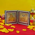 pujaNpujari Gold Plated SaiBaba Tirupati Balaji Photo Frame with Shubh Labh Charan Paduka for Pooja Room, Return Pooja Gift Box Set