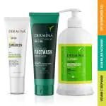 DERMINA Skin Care Combo Pack SPF50+ Silicone Sunscreen Gel,Vitamin C Exfoliating Bodywash,Acne Killer Vitamin E Facewash All Skin Type(50g,250g,60g)