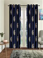 Home Sizzler 2 Pieces Hand Block Gold Paisley Printed Eyelet Polyester Window Curtains-5 Feet, Blue