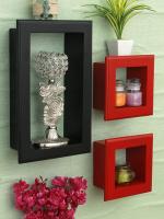 Home Sparkle Black Red Wood Frame Design Wall Shelves For Living Room (Set of 3) 24X28.5X46 cm