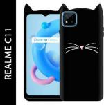UNILORD Realme C11 Black Rubber Screen Protector 3D Cat Kitty Girls Back Case Cover