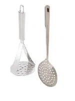 Stainless Steel Big Potato Masher With Stainless Steel Pony Spoons and Multicolour, Pack of 2