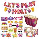 Festiko Holi Decoration Combo (Set of 46 Pcs) - 1 Pc Happy Holi Banner, 25 Pcs Holi Photobooth Props, 10 Pcs Holi Food Tags, 10 Pcs Holi Popcorn Box