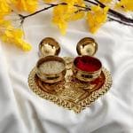 Denique Brass Nakshi Heart Shaped Karanda Puja Chawal Akshat Chandan Haldi Kumkum 2 Mug Holder
