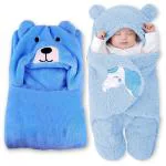 OYO BABY Baby Blankets New Born Combo Pack of Hooded Wrapper Sleeping Bag and Baby Bath Towel for 0-6 Months Babies, Pack of 2- Blue