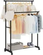 DG PRIME COLLECTION Double-Pole Clothes Hanger ,Adjustable Clothing Rack, Garment Rack on Wheels with Pipe Shelves, Portable Double Rod Metal Rack for Hanging Clothes, Coat, Shoes, Hanger Rack Stainless Steel Portable Telescopic Clothes Rack [ pack of 1 ]