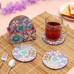 DULI Enamel Coated Multicolor Round Engineered Wood Tiles Tea Coasters with Stand - 10 x 10 cm (set of 6)