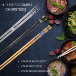Hichaki 3 Pairs Alloy & Stainless Steel with Wooden Chopstick - Reusable Chop Sticks for Noodles Sushi Hotpot Square Grip to Hold Food (Black,Grey,Brown)