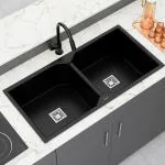 LAPO Quartz Kitchen Sink, Double Bowl Kitchen Sink, Granite Quartz Kitchen Sink with Sink Coupling, Hose Pipe and Drainer Basket (37x18 Inches, Black Metallic Finish)