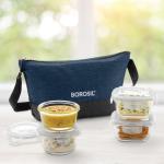 Borosil Elite Daisy Borosilicate Glass Lunch Box Set of 4 (320 ml x 2 - Square + 240 ml x 2 - Round) Break and Chip Resistant, Microwave Safe Office Tiffin