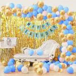 Party Midlinkerz Rubber Solid Blue, White and Gold 13 Letters Happy Birthday Banner and Metallic Balloons Decoration Kit with Foil Curtains (Pack of 33)