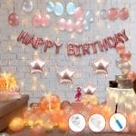 Party Propz Rose Gold Rubber Birthday Decoration Kit- Star Foil And Happy Birthday Banner Led Light And Hand Balloon Pump