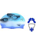 The Morning Play Blue and White Silicone Cap, Goggles, 1 Nose Clip and 2 Ear Plugs Swimming Kit