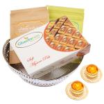 Jaiccha Ghasitarm Gifts Round Silver Basket with Almonds, Raisins and Mysore Pak with 2 T-lites-400 gram