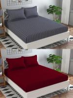 N G Products 310 TC Combo Pack of 2 Glace Cotton Satin Stripes Elastic Fitted Plain Double Bedsheets with 4 Pillow Covers for Home/Hotels/Guest House (Grey & Maroon)