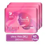 Savvy Ultra Thin Extra Large (280mm) Sanitary Pads | Regular to Heavy Flow | Soft Dry Feel | Advanced Leaklock Protection | Wider Wings | Super Absorption - Pack of 3 (60 Pads)